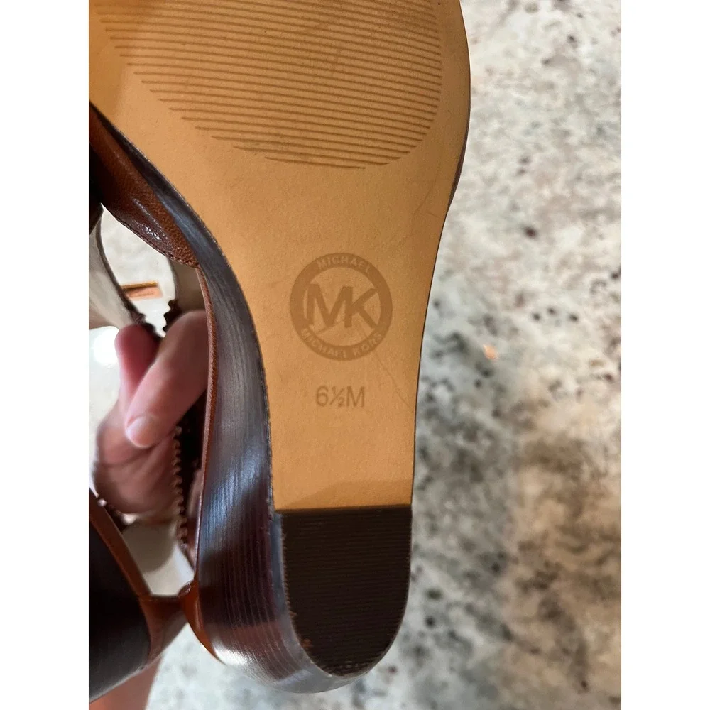 Michael Kors Cognac Leather Wedge Sandals Gold Zip Buckle Wood Heel 6.5M